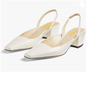 FSJ White Retro Square Toe Slingback Sandals Comfortable Low Block Heel Pump